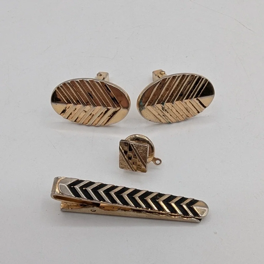 Vintage Anson Gold Tone Black Enamel Cufflinks Tie Clip Lapel Pin Set MCM Mens